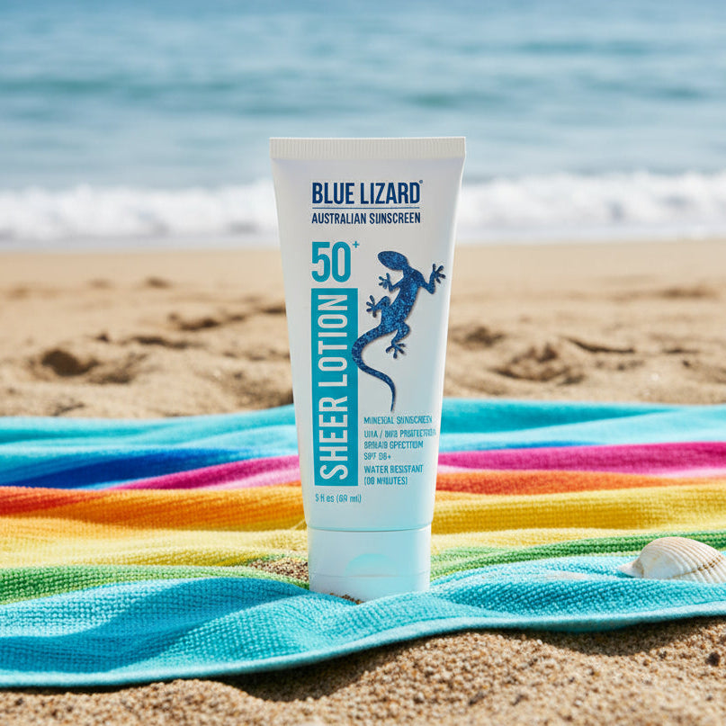 A tube of Blue Lizard Australian Sunscreen with SPF 50+ protection, featuring a white background and a blue lizard illustration.